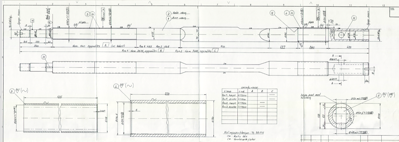 An engineering drawing of a multi-position needle rod with tolerances and surface-finish annotations